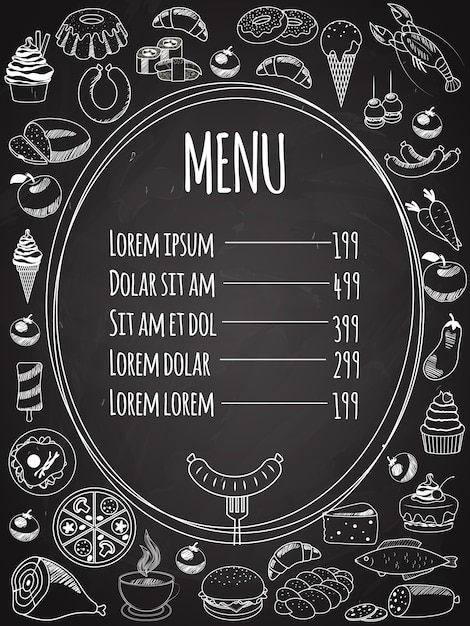 Бесплатное векторное изображение Меню еды вектора написано на доске с украшением еды на стороне