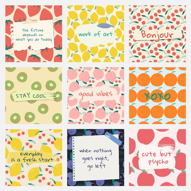 Free vector vector fruit pattern quote social media ads template set