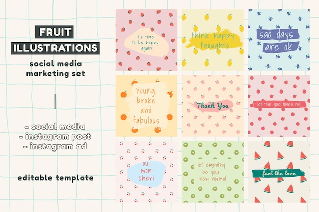 Free vector vector fruit pattern quote social media post template set