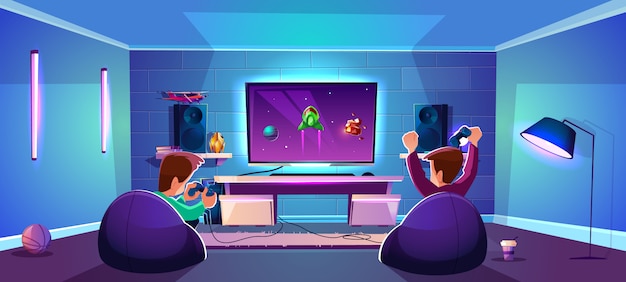 Вектор игровая комната с людьми, играющими в цифровые развлечения, современная концепция киберспорта