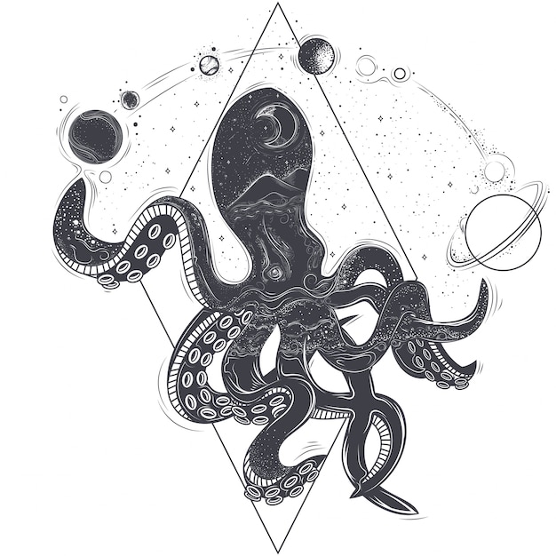 一个章鱼和宇宙行星的免费矢量矢量几何插图