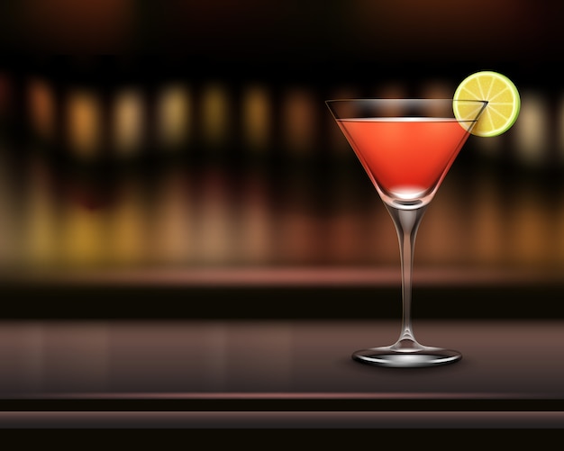 Vector glass of Cosmopolitan cocktail garnished with slice of lime on bar counter and blur brown background