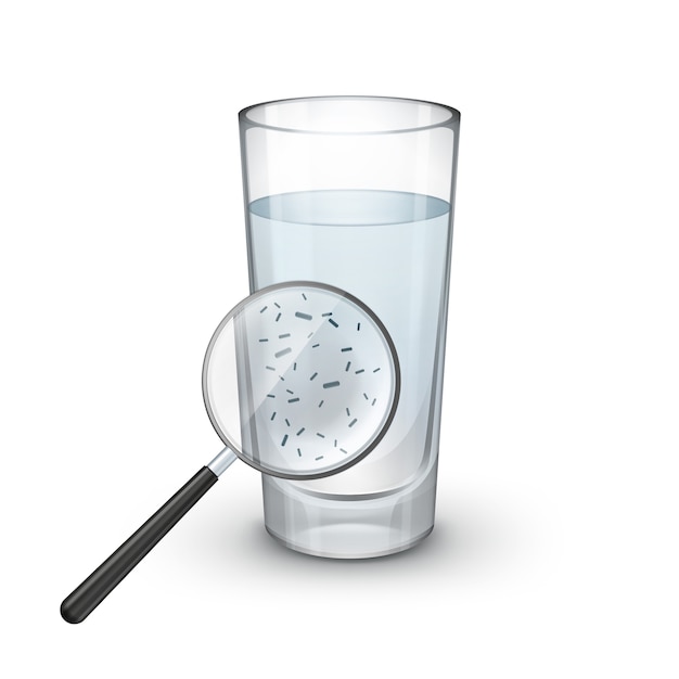 Vector glass of water with magnifier and microscopic bacteria on white background
