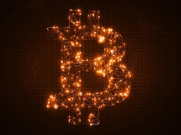 Vector golden Bitcoin symbol constructed with flowing binary numbers