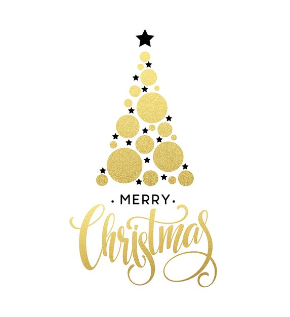 Vector golden Christmas tree illustration made with glittering circle and star. Merry Christmas Lettering EPS10