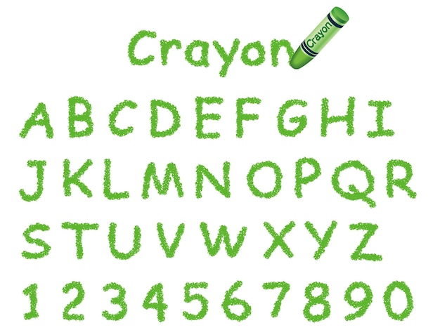 벡터 녹색 크레용 글꼴 흰색 배경에 고립입니다. 대문자와 숫자.