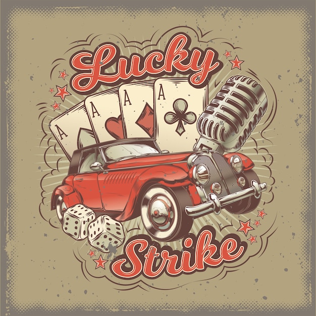 Vector grunge vintage illustration, poster with four card aces, retro car and old microphone.