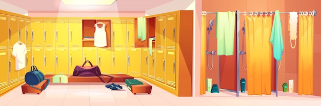 Free vector vector gym interior - changing room with lockers and shower cabins with curtains