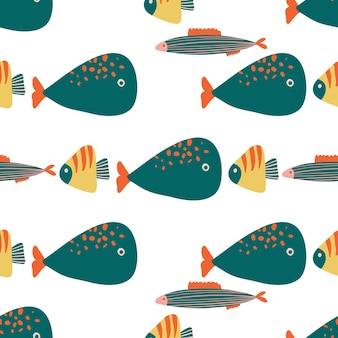 Vector hand drawn childish seamless repeating simple flat pattern with fish on white background chil...