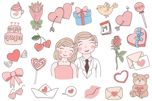 Elementi di coppia disegnati a mano vettoriali per san valentino elemento di san valentino tutto cuore regalo amore isolato