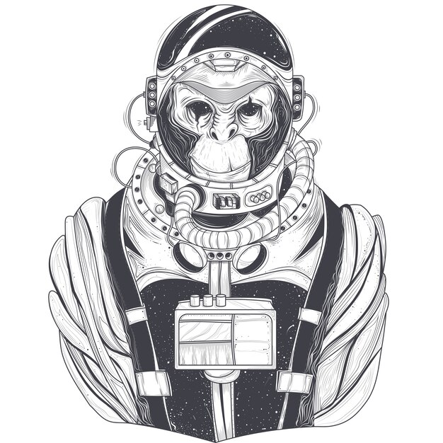 Вектор рисованной иллюстрации космонавта обезьяны, шимпанзе в космическом костюме