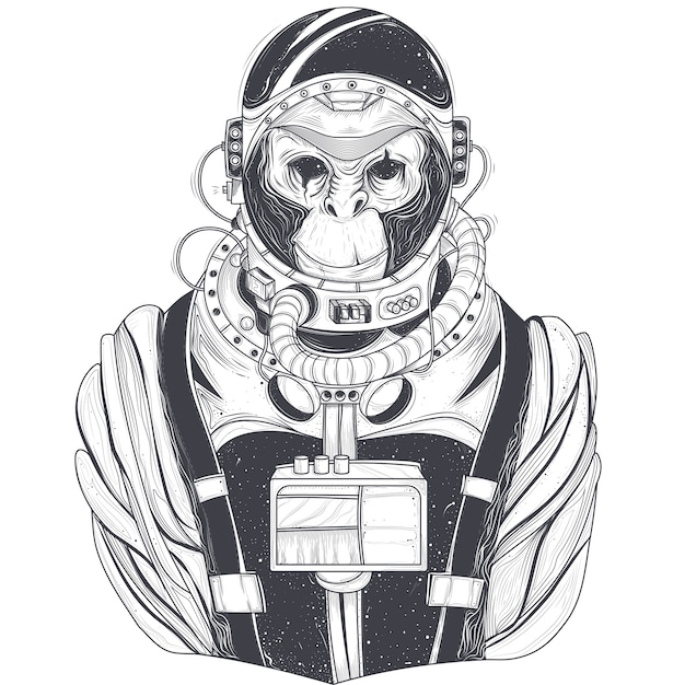 Vector hand drawn illustration of a monkey astronaut, chimpanzee in a space suit