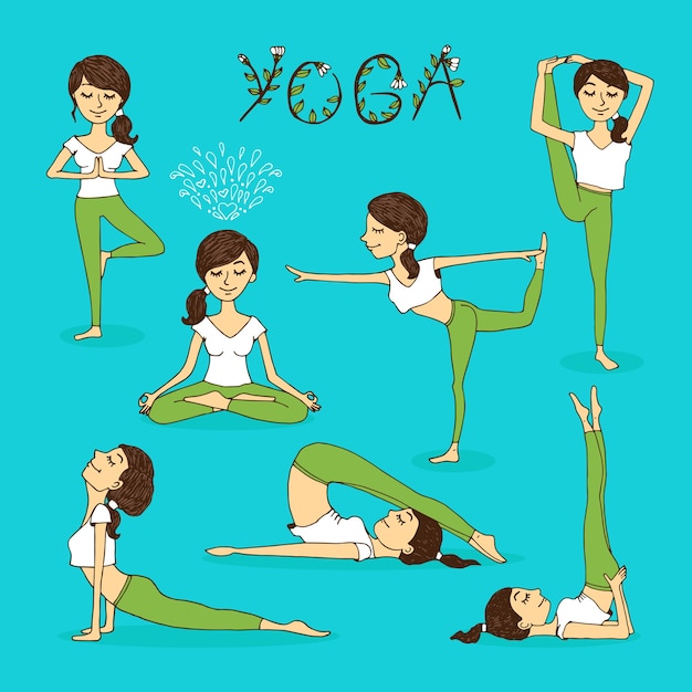 Vector disegnati a mano yoga pone con una bella giovane donna serena in varie posizioni di equilibrio