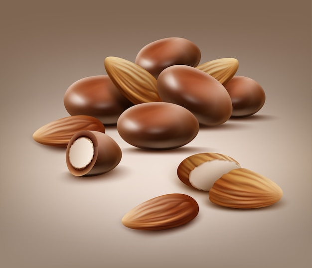 Vector handful of whole and cut almond nuts in chocolate shell side view on light brown background