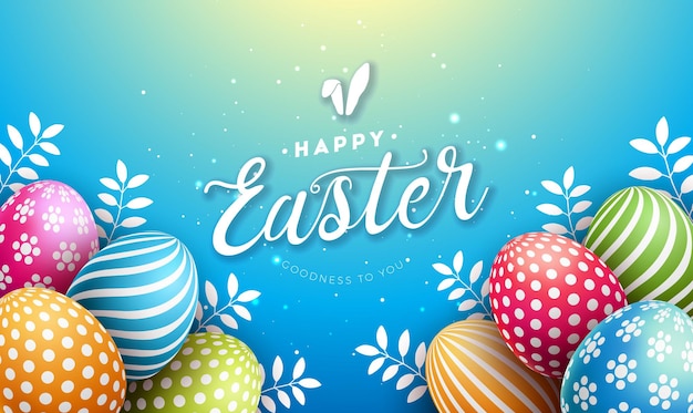 Vector happy easter illustration with colorful painted egg and typography letter on blue background