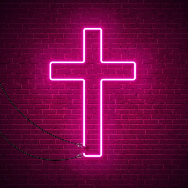 Vector Happy Easter Illustration with Glowing Neon Light Cross Shape on Brick Wall Background