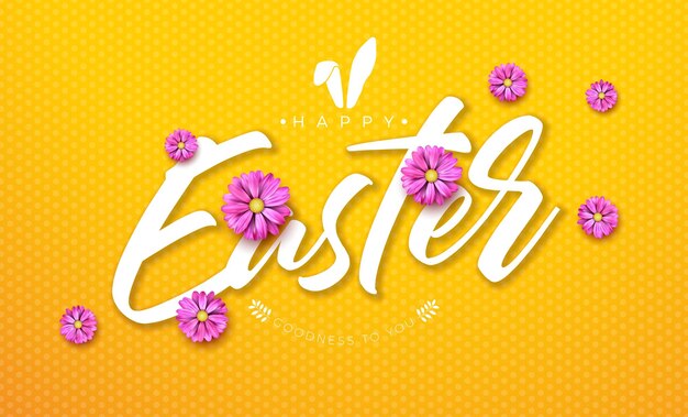 Vector Happy Easter Illustration with Spring Flower and Rabbit Ears Symbol on Yellow Background