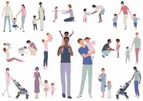 Free vector vector happy families with children flat illustration set isolated on white background.