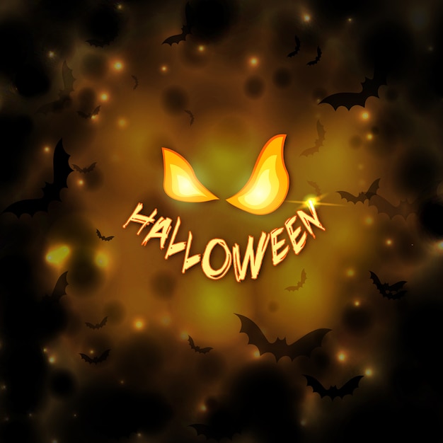 Vector happy halloween background with pumpkin eyes and orange glowing background with bats