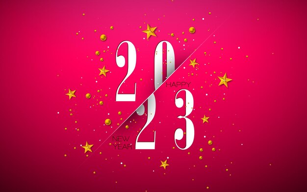 Vector happy new year 2023 illustration with number and gold star on red background