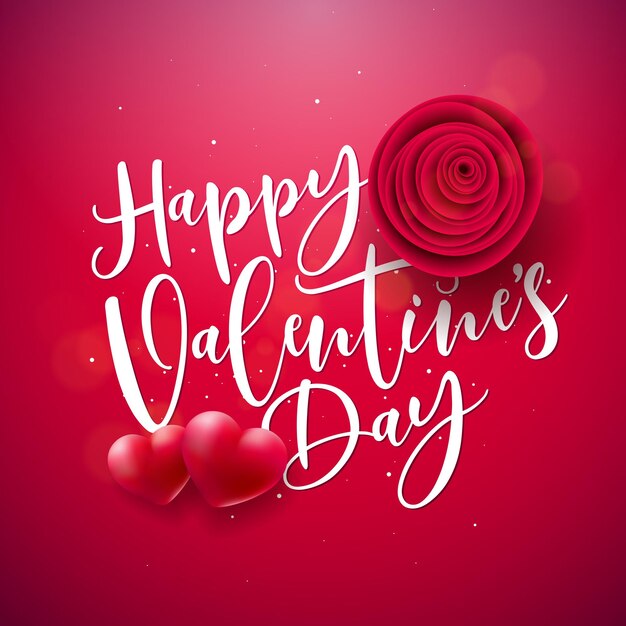 ハートのバラの花と赤い背景の手書き文字でベクトル幸せなバレンタインデーのデザイン