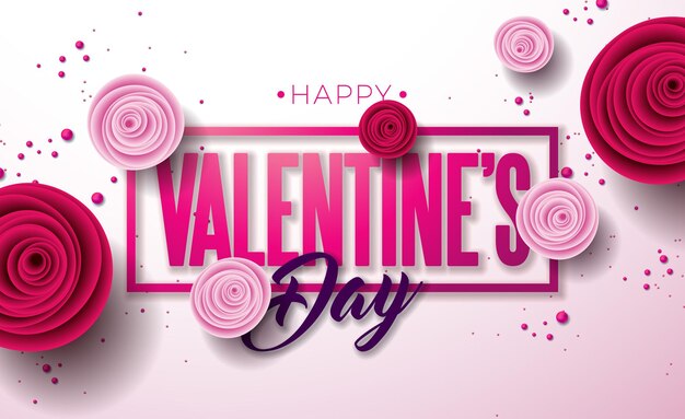 밝은 분홍색 배경에 장미 꽃과 타이포그래피 편지와 함께 벡터 해피 발렌타인 데이 디자인