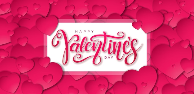 Vector happy valentines day design con tipografia lettera e cornice bianca su sfondo rosso cuore