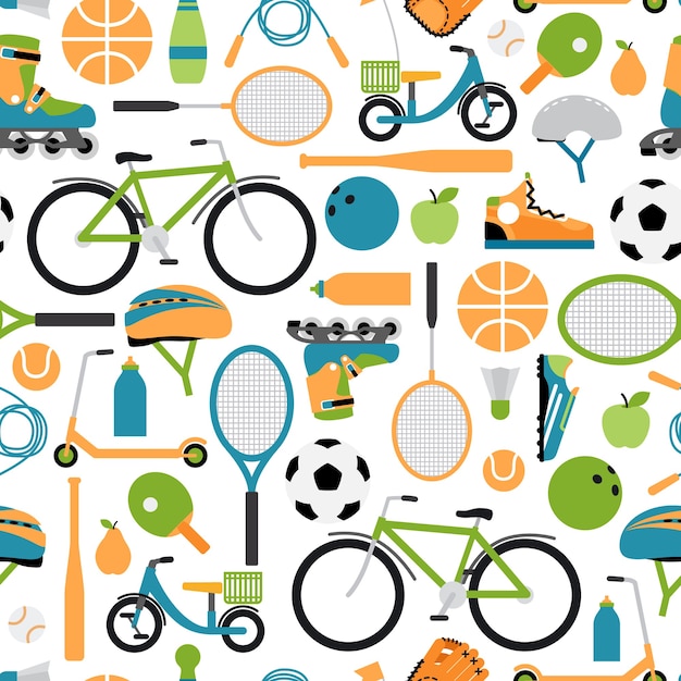 ベクトル健康的なスポーツパターンの背景。シームレスパターン、ローラーとヘルメット、ボールとシャトルコック、ボウリングとテニスと野球