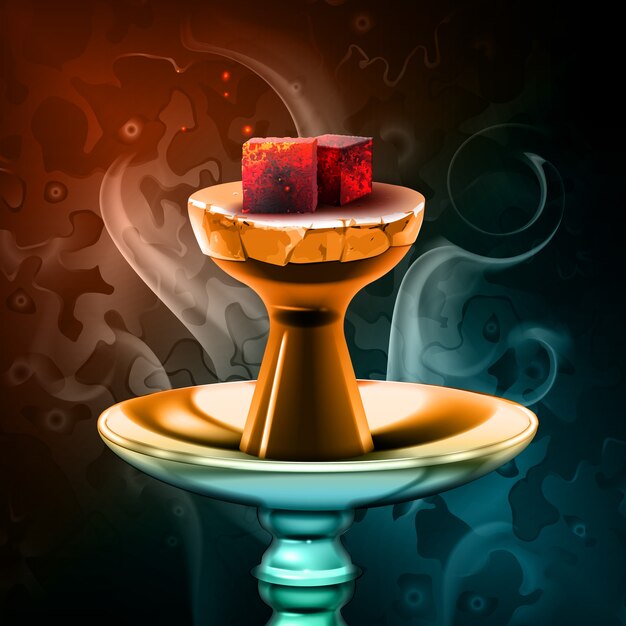 Vector hookah hot coals on shisha bowl with steam on colorful background close up front view