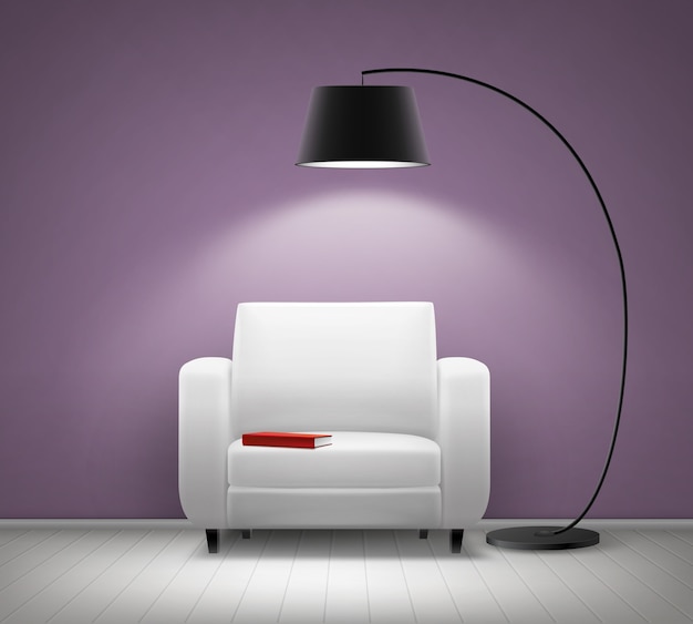 Vector House interior with white armchair, black floor lamp, red book and violet wall front view