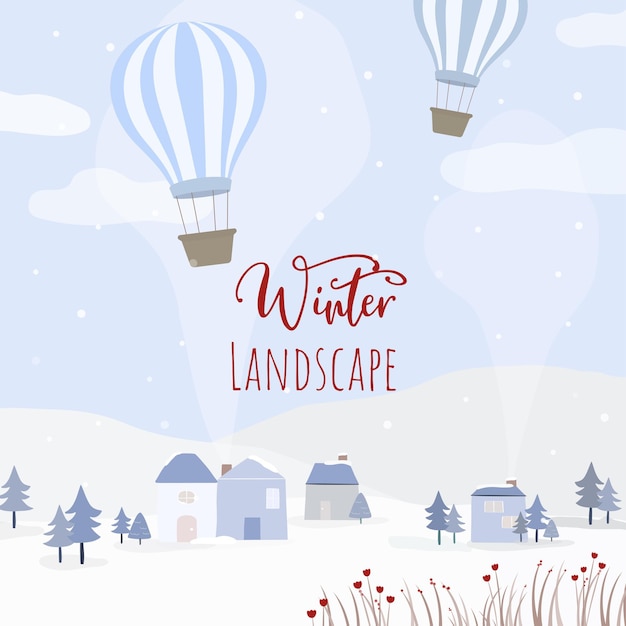 Free vector vector of houses, balloon and snow-covered forests