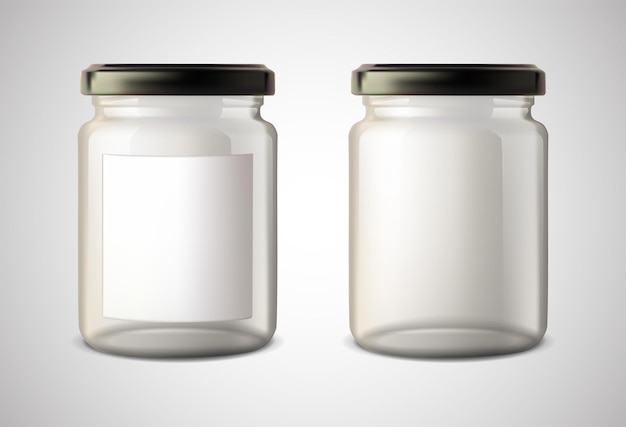 Vector icon Glass jar with and without label Transparent can with plastic lid Empty transparent