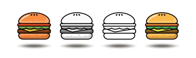 벡터 아이콘 그림입니다. 색상, 회색 및 흑백의 햄버거 컬렉션. 화이트 절연