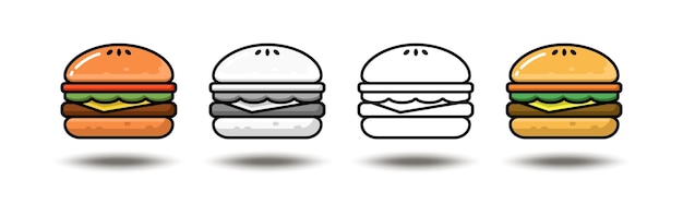ベクトル アイコン イラスト。カラー、グレー、白黒のハンバーガー コレクション。白で隔離