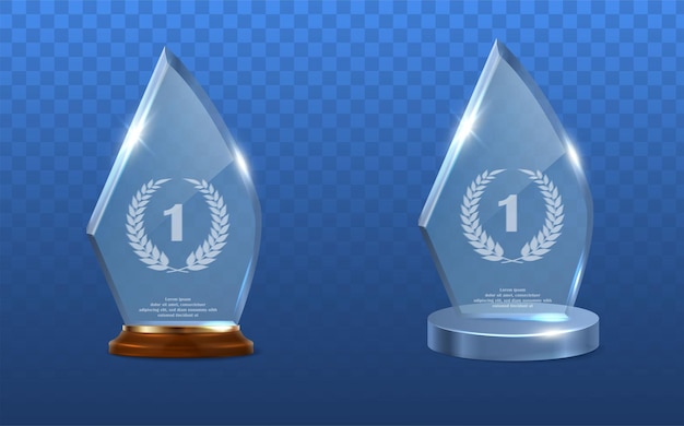 Vector icon set glass transparent trophy with crystal and wooden base