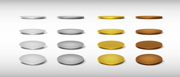 Free vector vector icon set round stage podiums in different views front top side silver gold bronze