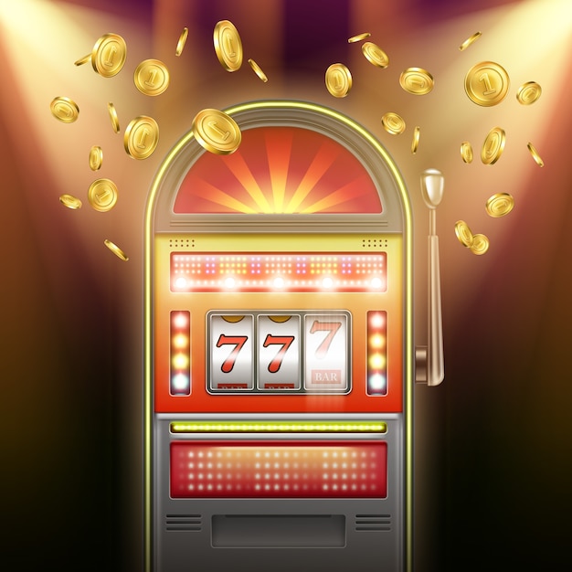Vector illuminated retro jackpot slot machine with falling gold coins on dark background in flashing lights