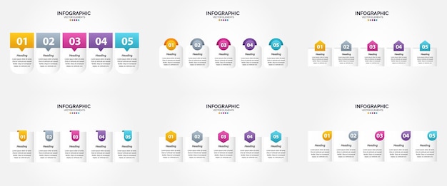 Illustrazione vettoriale infografica a 5 passaggi set di design piatto per brochure pubblicitarie, volantini e riviste confezione da 138