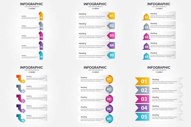 Illustrazione vettoriale infografica a 5 passaggi set di design piatto per brochure pubblicitarie, volantini e riviste confezione del 2018