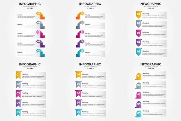 무료 벡터 벡터 일러스트 레이 션 5 단계 인포 그래픽 광고 브로셔 전단지 및 잡지 팩 2401에 대한 평면 디자인 세트