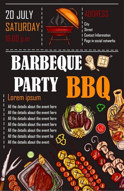 Free vector vector illustration of a bbq menu template, invitation card on a barbecue, gift certificate