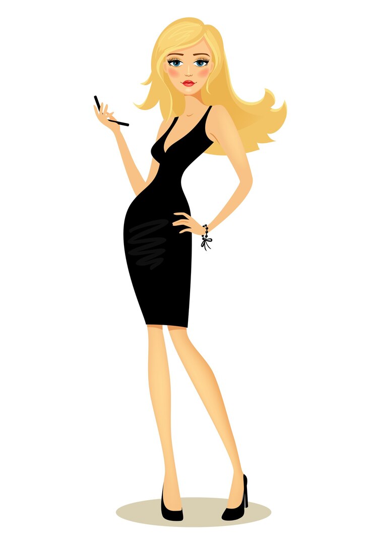 Free Vector vector illustration of a beautiful curvaceous glamorous girl with long blond hair in a black dress posing with her hand on her hip holding a mobile phone  on white