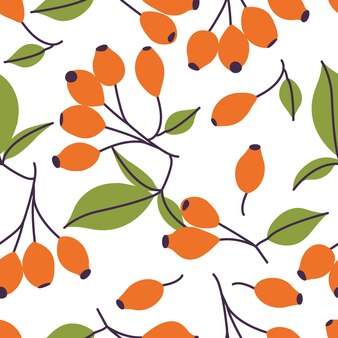 딸기 잎과 장미 엉덩이의 벡터 일러스트 레이 션 분기입니다. dogrose 식물의 과일과 함께 완벽 한 패턴입니다.