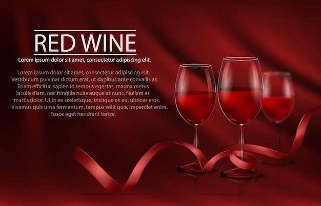 ベクトルイラスト、赤ワインと赤いリボンがいっぱいの眼鏡の行を持つ明るい現実的なポスター