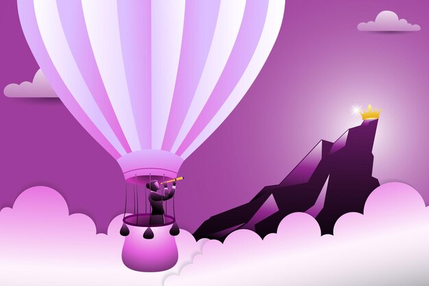 Vector illustration of businesswoman on hot air balloon looking for golden crown in mountain peak