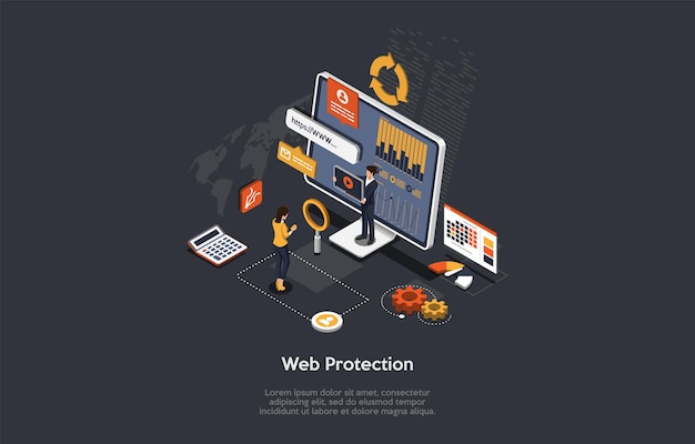 Vector illustration, cartoon 3d style. isometric composition on dark background. website protection, internet safety service, data privacy, theft danger conceptual design. computer screen, characters.