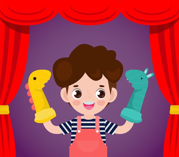 舞台の人形劇 赤いカーテンのあるシーンで面白い人形が子供たちのためにショーを行います 無料のベクター 舞台の人形劇 赤いカーテンのあるシーンで面白い人形が子供たちのためにショーを行います 無料のベクター