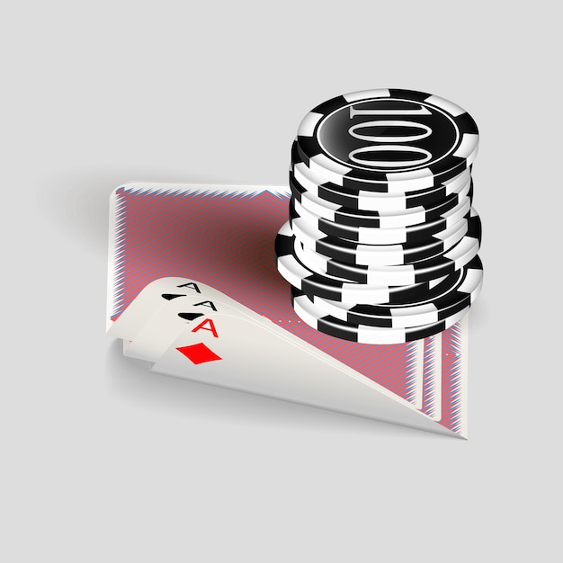 Illustrazione vettoriale su un tema di casinò con fiches da gioco a colori e carte da poker su sfondo scuro. vettore.