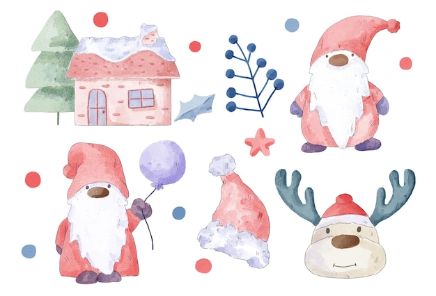 Vector illustration christmas watercolor character and object with a variety of kind and color. merry christmas cutout element holiday cards, invitations and website celebration decoration.
