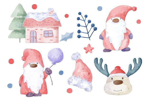 Vector illustration Christmas watercolor character and object with a variety of kind and color. Merry Christmas cutout element Holiday cards, invitations and website celebration decoration.